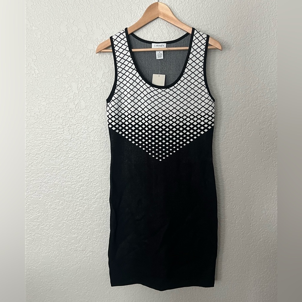 Carmen Marc Valvo Bodycon Pencil Dress Size M Black and White Geometric Print